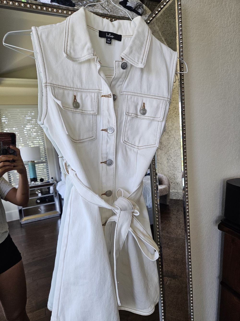 Lulu's White Sleeveless Denim Shirt Dress with Tie Waist